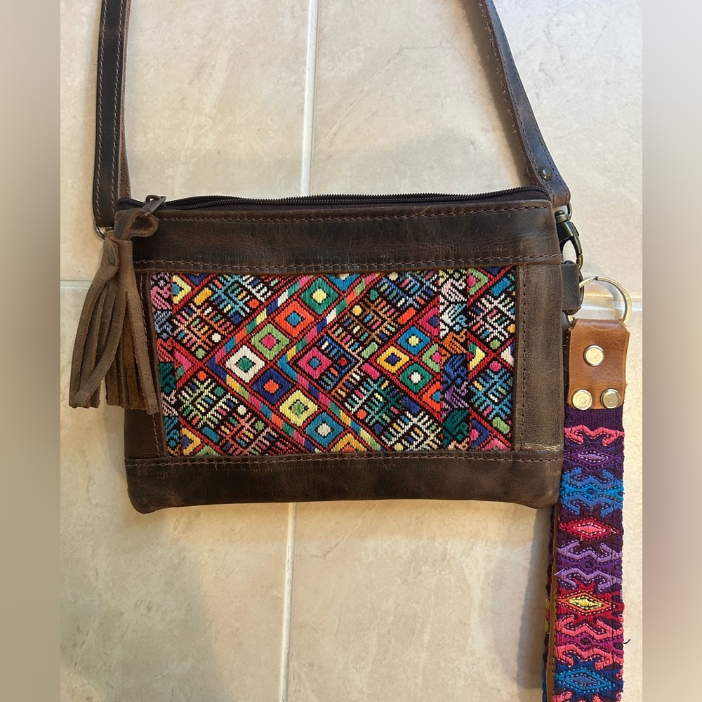 Trades of Hope Genuine Brown Leather and Huipil Crossbody Purse